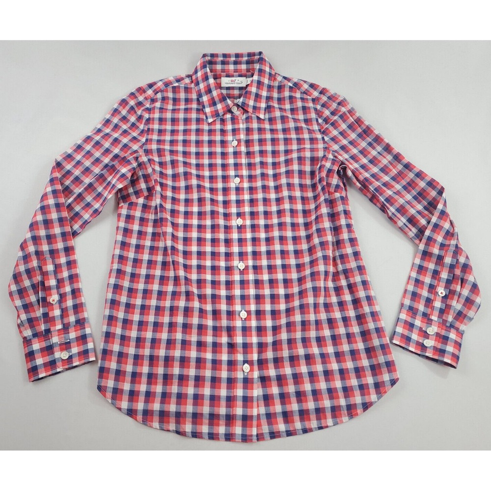 Vineyard Vines women shirt red blue cotton check buttons collar sz 4 $78